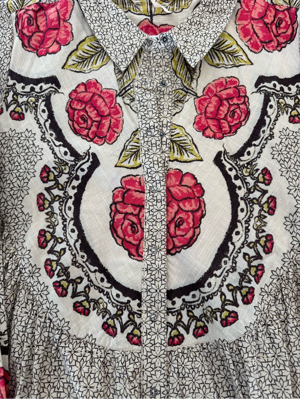 Free People Boho Floral Dress in Cream with Pink Roses | Size XL - Picture 3 of 6